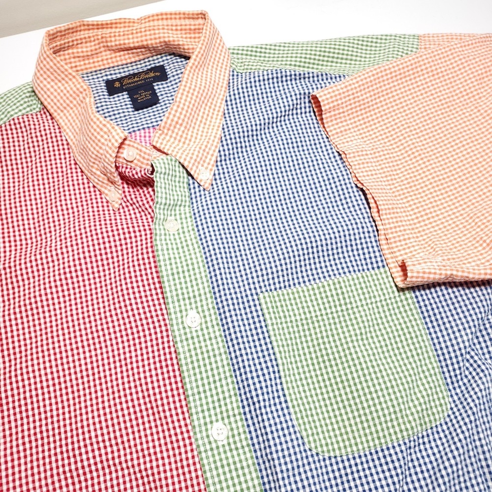 Brooks Brothers Mens 2XL Seersucker Short Sleeve Button Shirt Colorblock